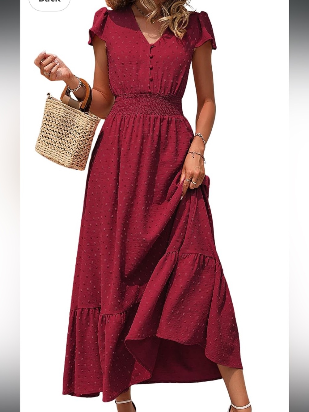 Red Smocked-Waistline Maxi Dress with Button Front, cap sleeve ruffle hem size S
